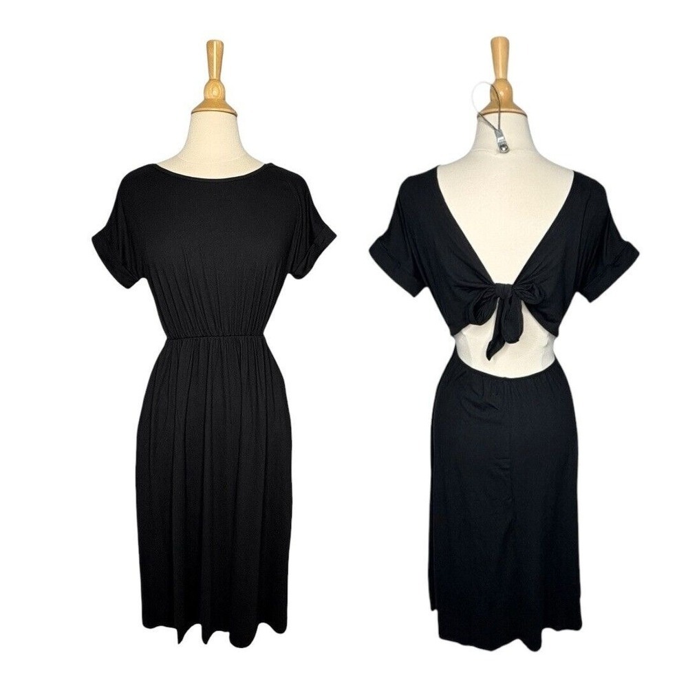 Entro Midi Dress Womens Small Black Open‎ Tie Back Short Sleeve Pockets 6164